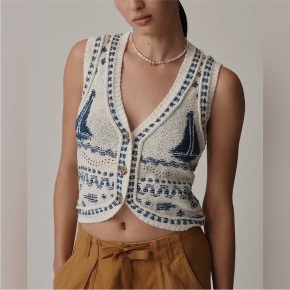 NWT Anthropologie Pilcro V-Neck Sailboat Motif Cardigan Sweater Vest - S *SAMPLE - Picture 2 of 9